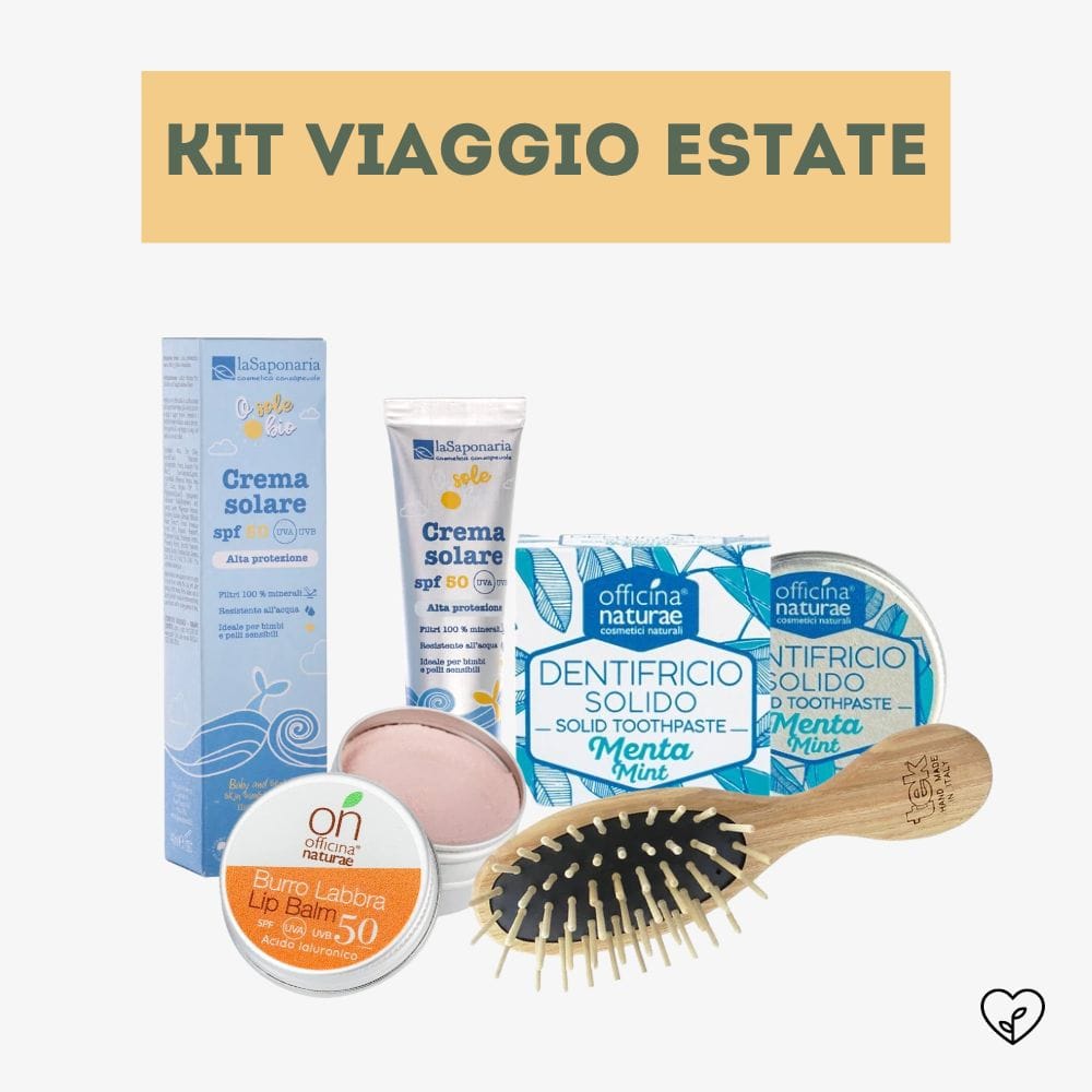KIT VIAGGIO ESTATE | Crema Solare SPF 50 travel size, Spazzola piccola, Dentifricio in pastiglie, Burro labbra SPF 50